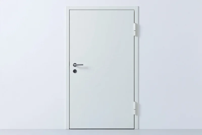 White steel door with lever handle and keyhole set in a plain white wall