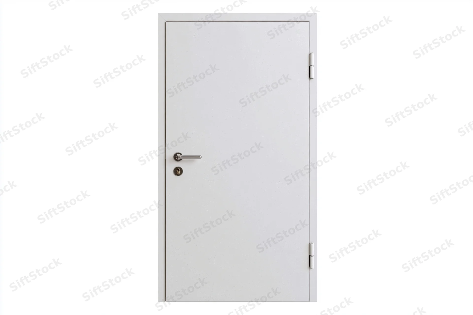 White steel door with lever handle and keyhole, closed, isolated on white background