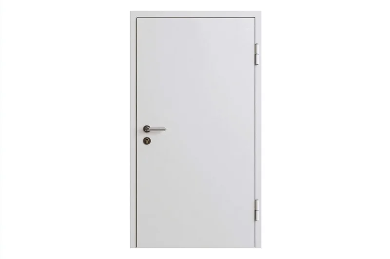White steel door with lever handle and keyhole, closed, isolated on white background