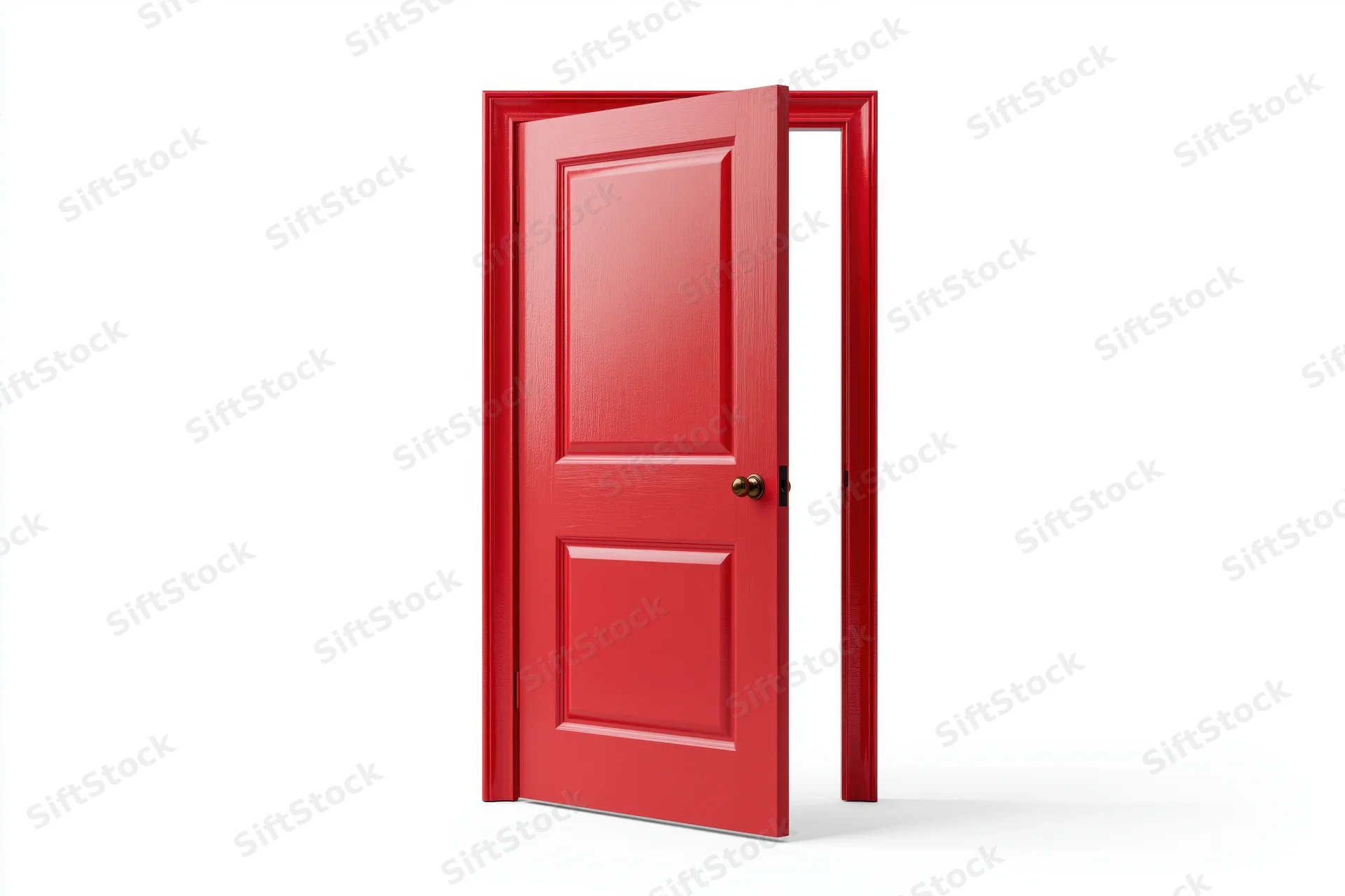 Red painted wooden interior door half-open in its frame against white background