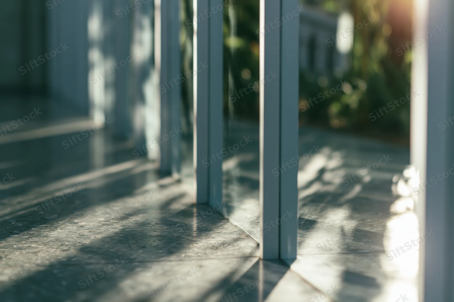 Vertical glass panels casting shadows on a concrete floor in a modern outdoor space with sunlight and greenery in the background
