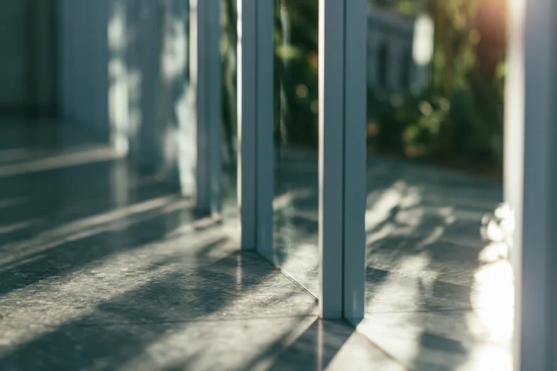 Vertical glass panels casting shadows on a concrete floor in a modern outdoor space with sunlight and greenery in the background