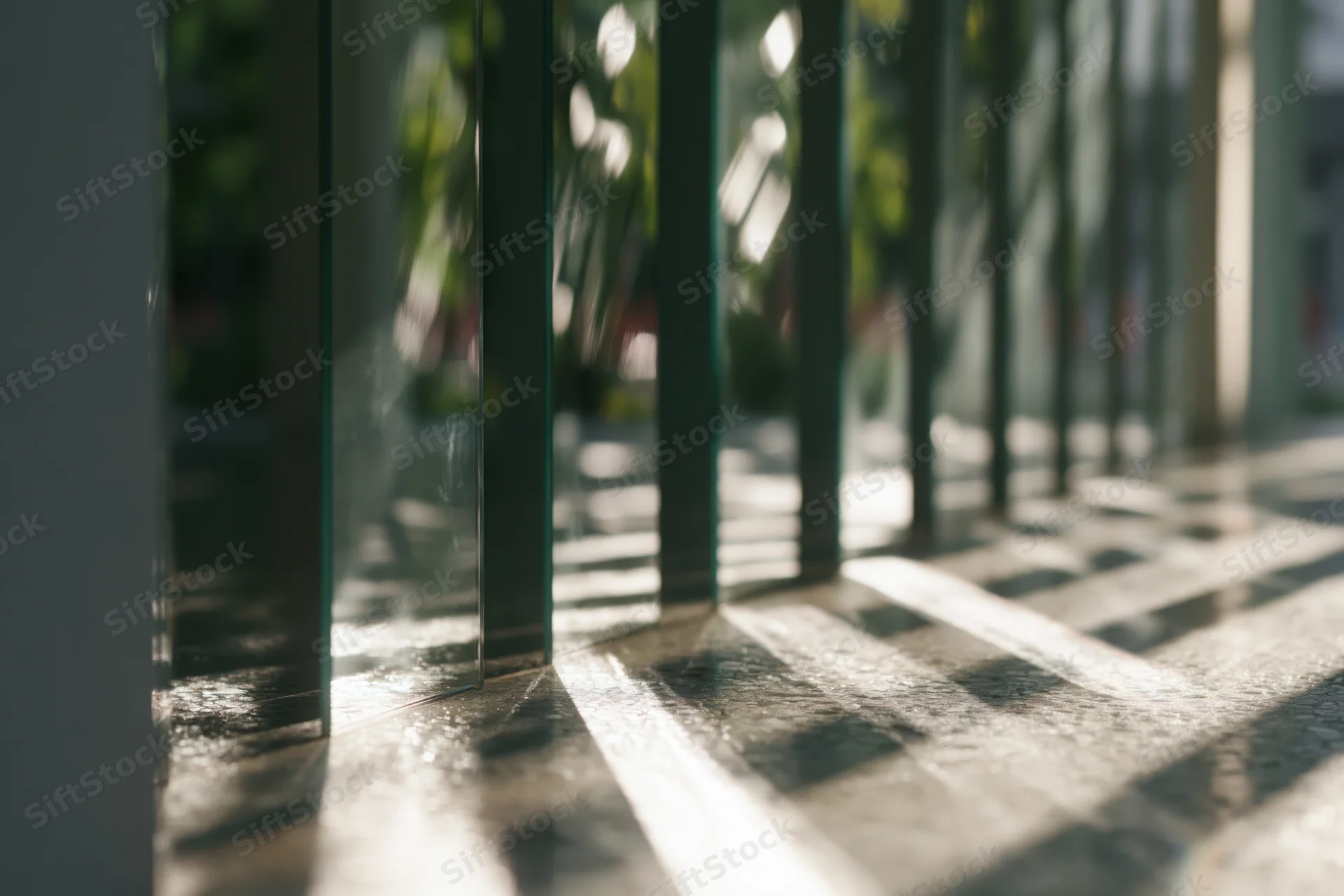 Vertical glass panels casting striped shadows on a polished floor in a modern interior space