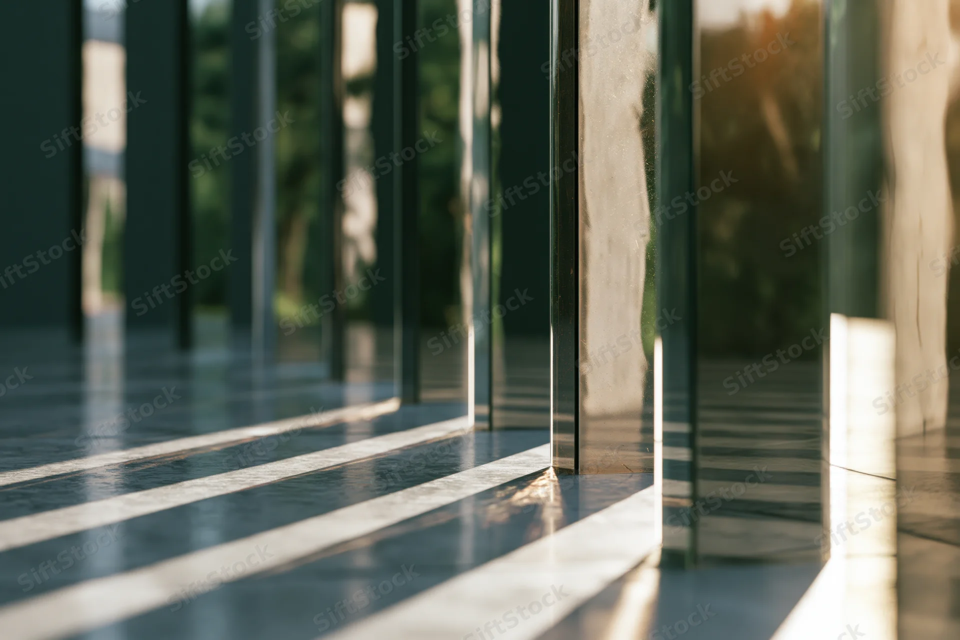 Vertical glass panels in a row casting striped light and shadow on a polished floor indoors