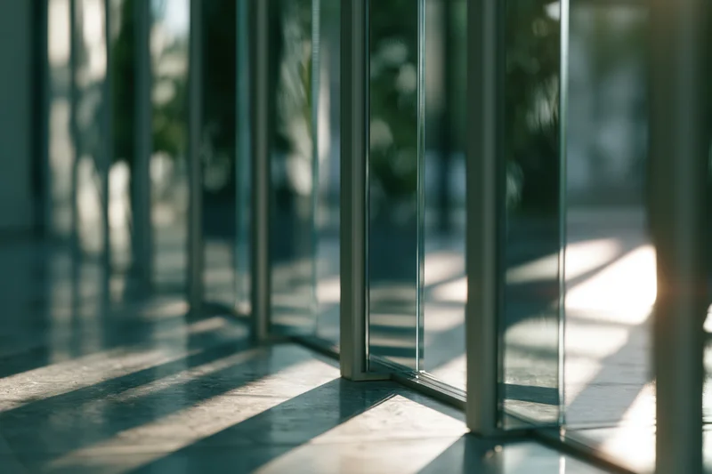Vertical glass panels casting sunlight and shadows on a tiled floor in a modern interior space