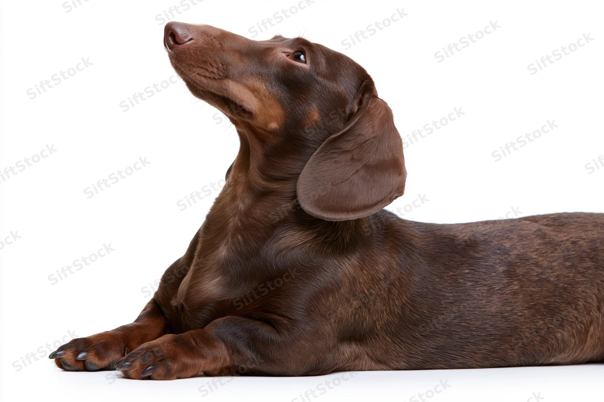 Short-haired dachshund lying down with front paws extended on white background