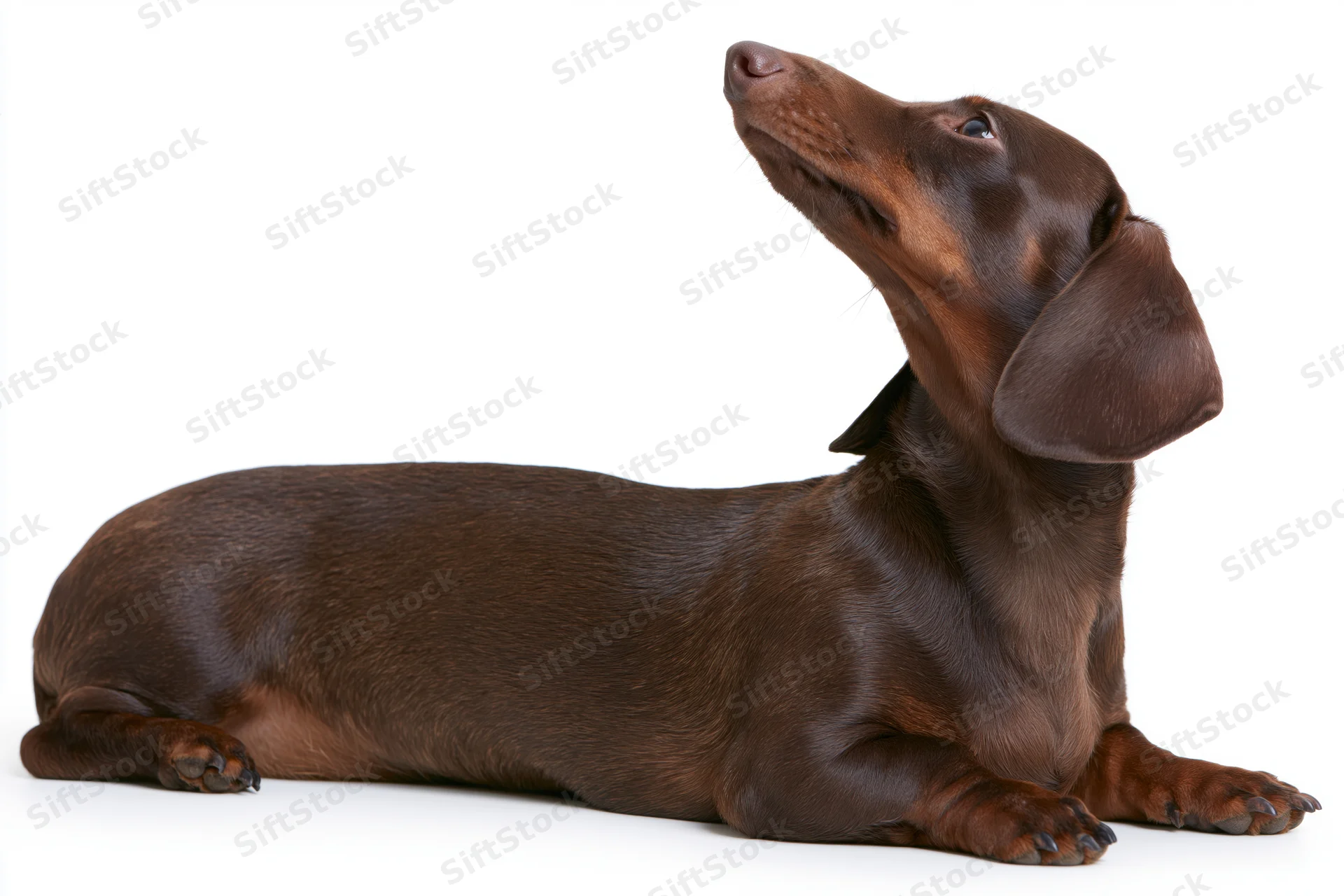 Short-haired dachshund lying down with front paws extended on white background