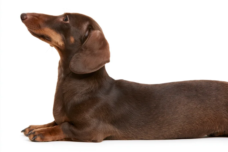 Short-haired dachshund lying down with front paws extended on white background