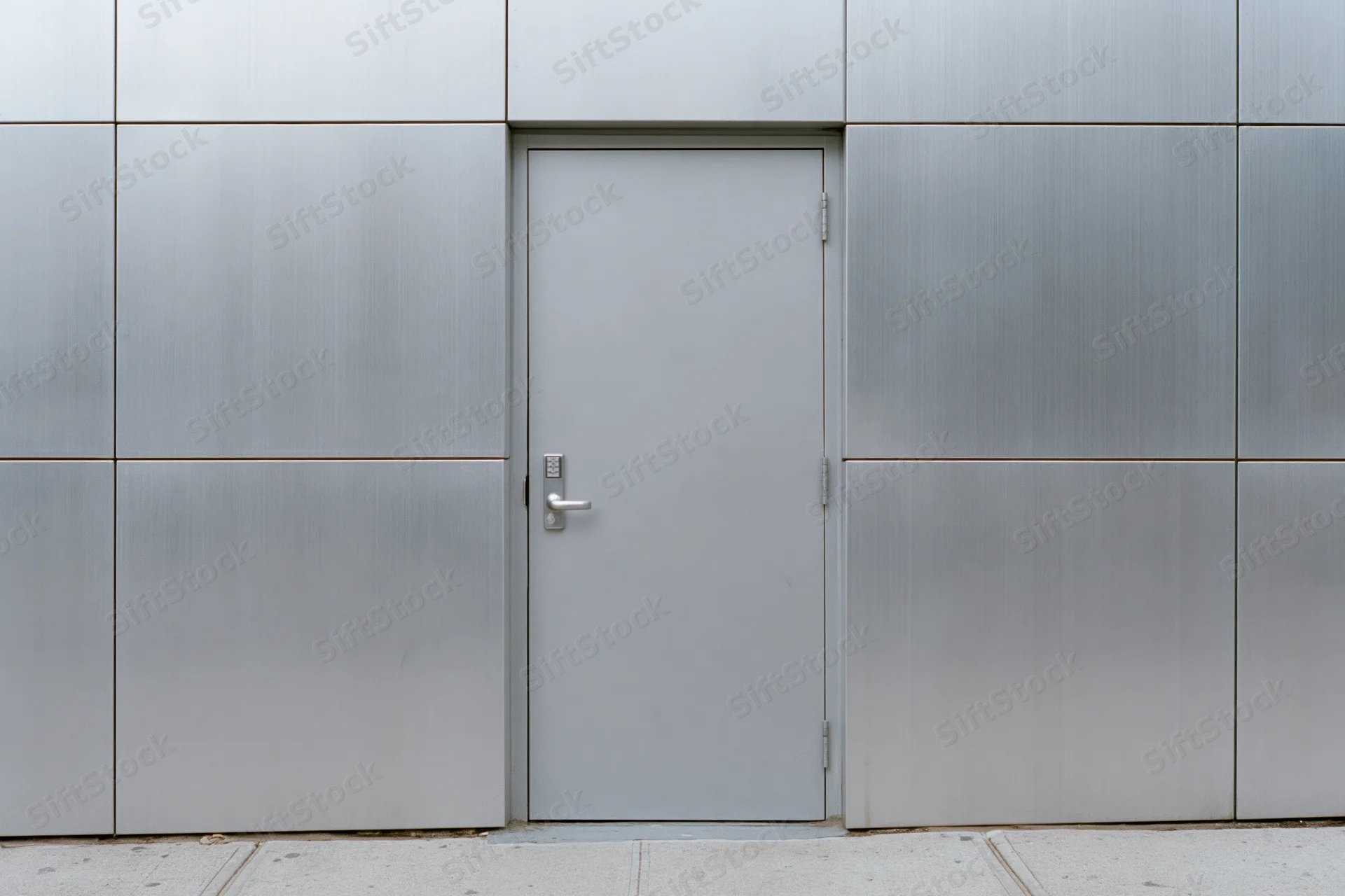 Gray metal utility door set into a flat aluminum panel facade