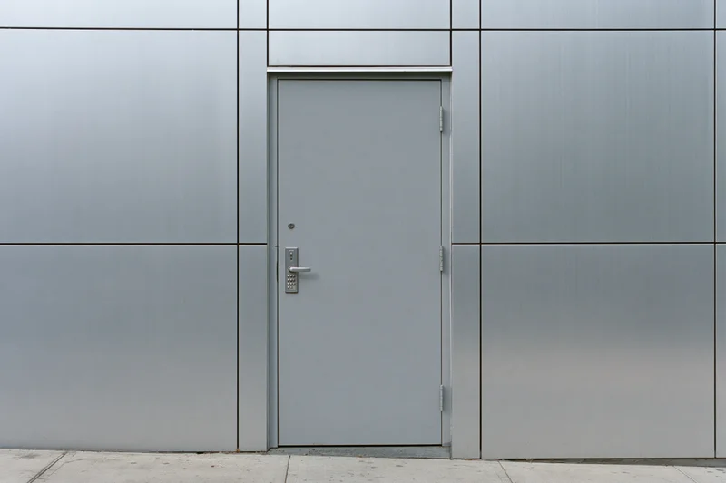 Gray metal utility door set into a flat aluminum panel facade