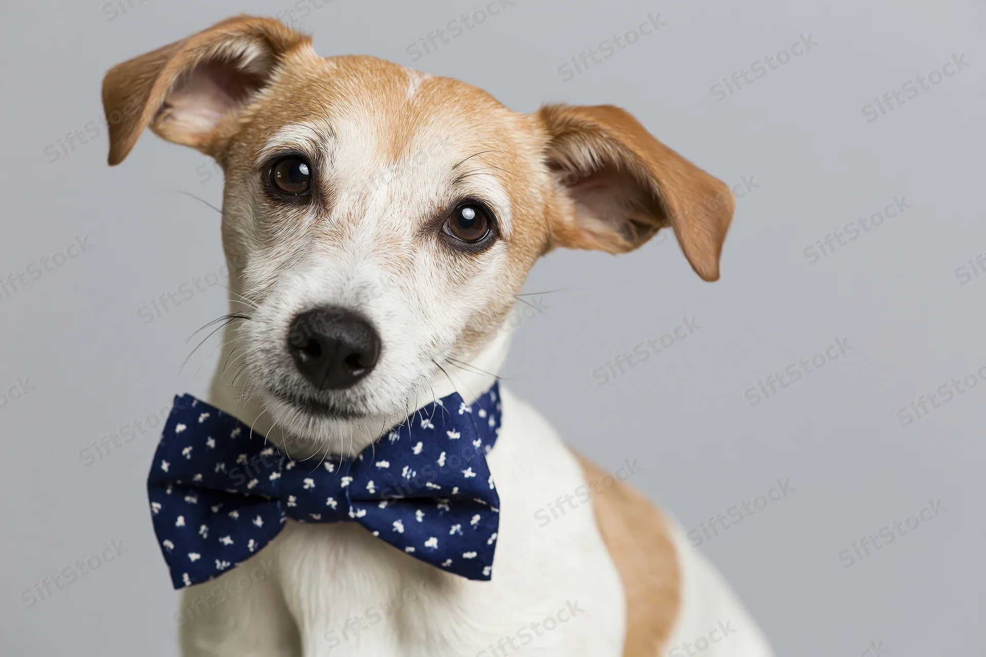 Jack russell terrier wearing navy blue patterned bowtie in studio portrait