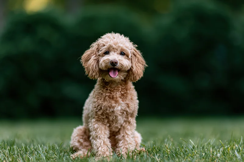 Apricot toy poodle sitting alert on green lawn with tongue out