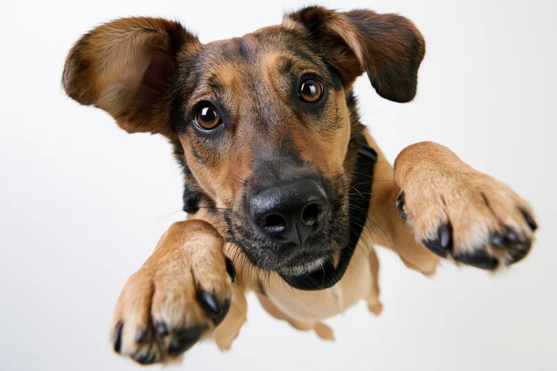 Small tan and black mixed-breed dog leaping toward the camera with paws extended in a studio setting