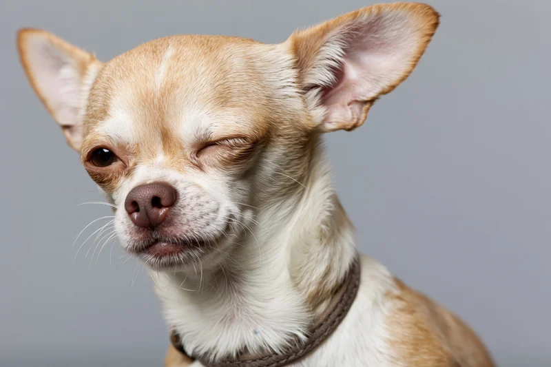 Chihuahua winking one eye with head tilted against gray background