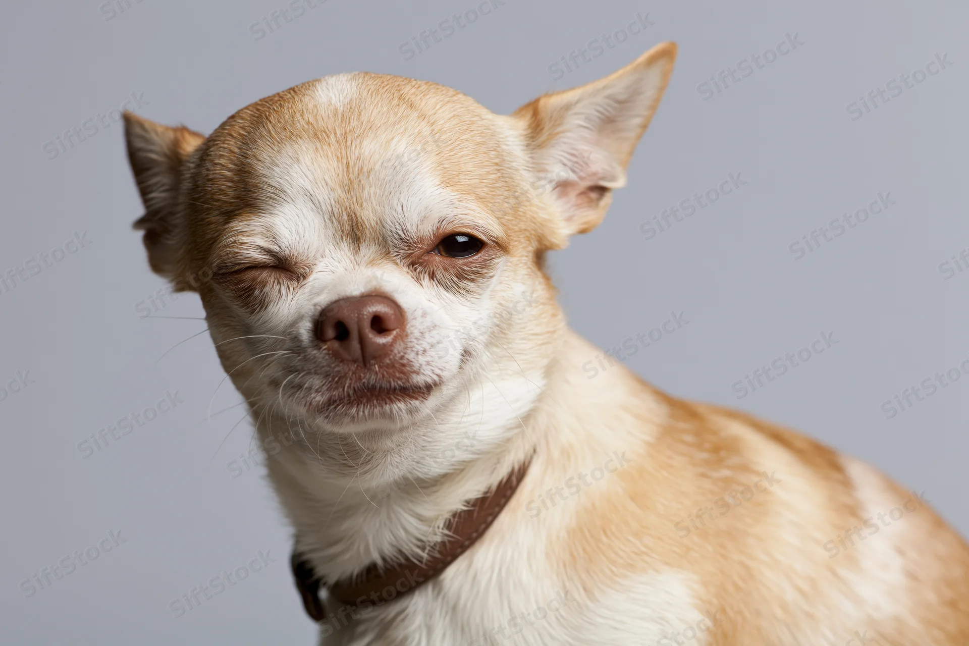 Chihuahua winking one eye with head slightly tilted against gray background