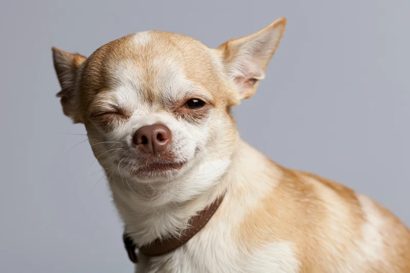 Chihuahua winking one eye with head slightly tilted against gray background