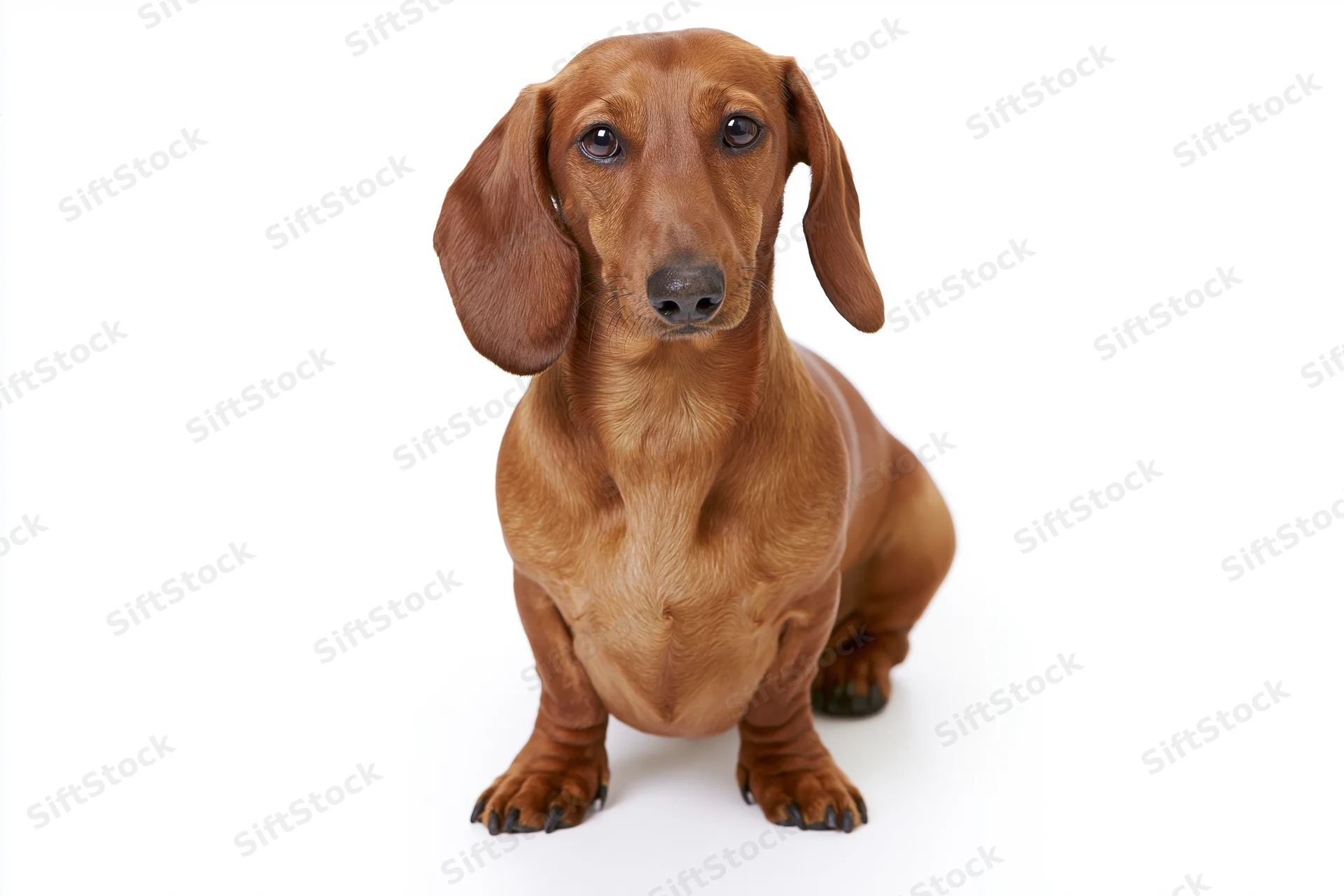 Smooth-coated red dachshund sitting upright facing the camera on white background