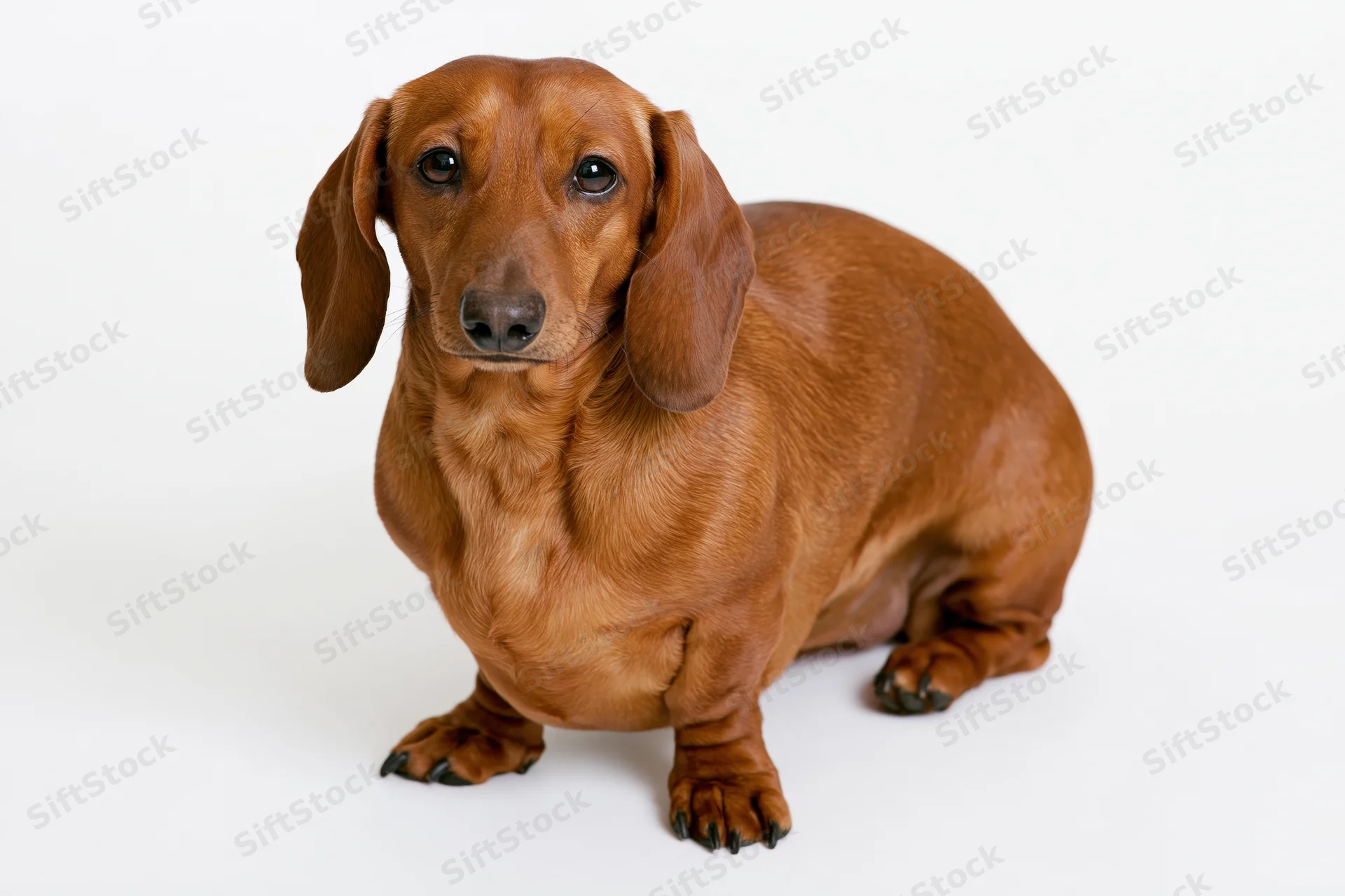 Smooth-coated red dachshund sitting upright facing the camera on white background