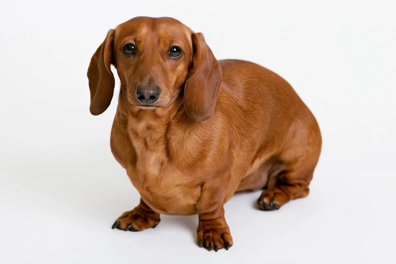 Smooth-coated red dachshund sitting upright facing the camera on white background