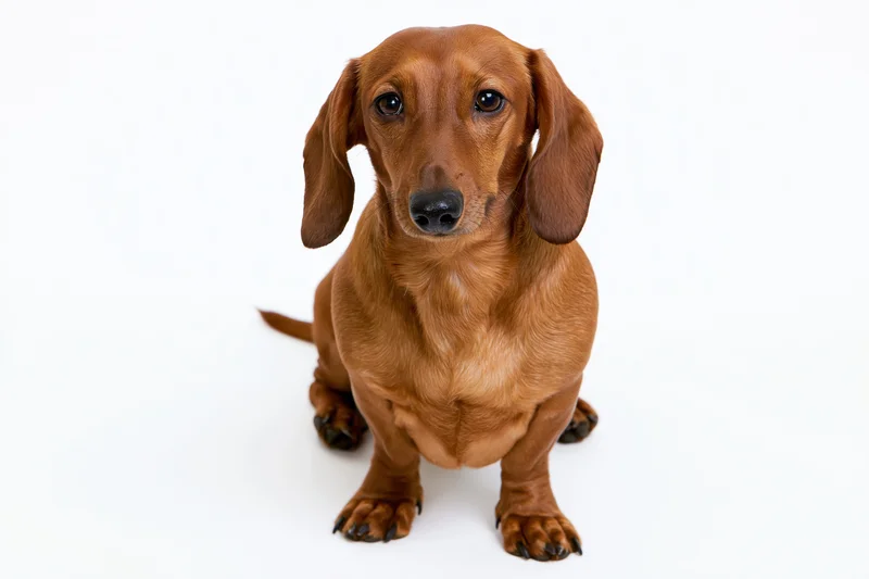 Smooth-coated red dachshund sitting upright facing the camera on white background