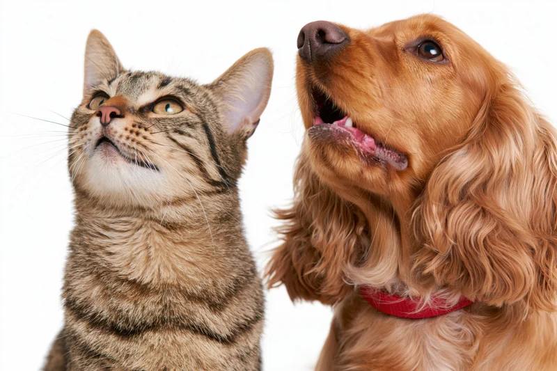 Tabby cat and cocker spaniel looking up side by side against white background