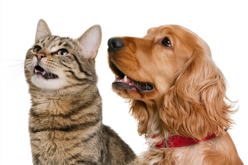 Tabby cat and cocker spaniel looking up side by side against white background