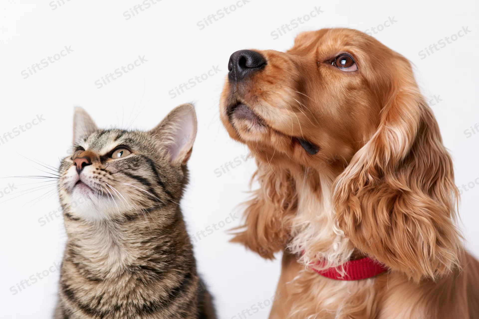 Tabby cat and cocker spaniel looking up side by side in studio