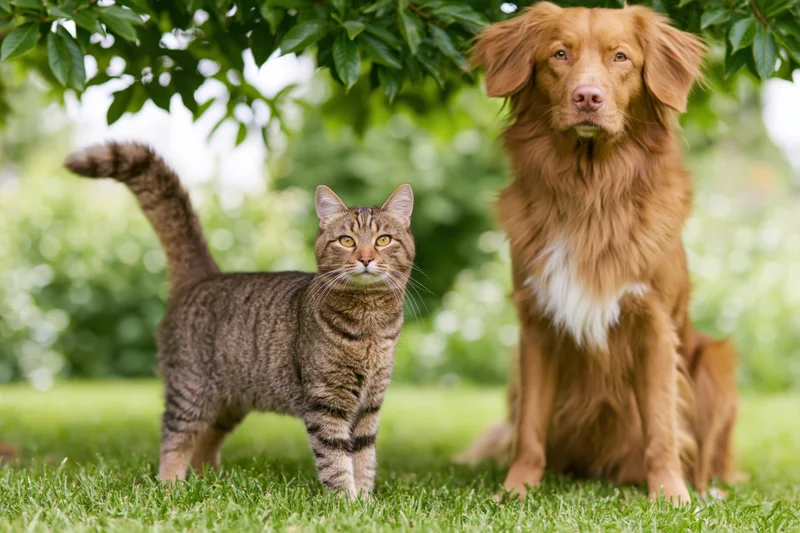 Tabby cat standing alert beside sitting golden-red dog on grass under tree foliage