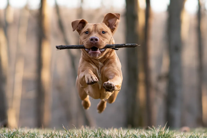 Tan pit bull terrier mid-leap carrying a dark stick in its mouth over grass in a wooded area