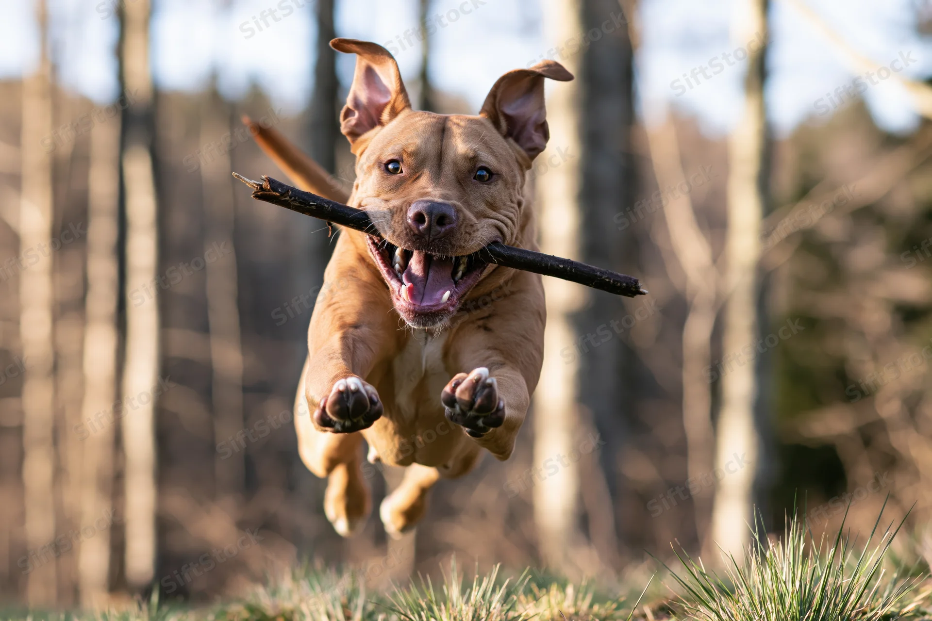 Tan pit bull terrier mid-leap carrying a dark stick in its mouth over grassy field with trees in background