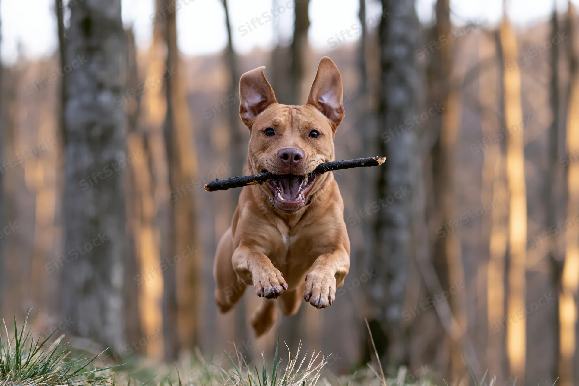 Tan pit bull terrier mid-leap carrying a dark stick in its mouth in a forest clearing