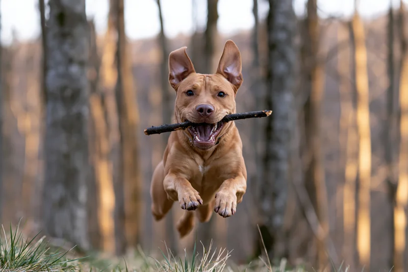 Tan pit bull terrier mid-leap carrying a dark stick in its mouth in a forest clearing