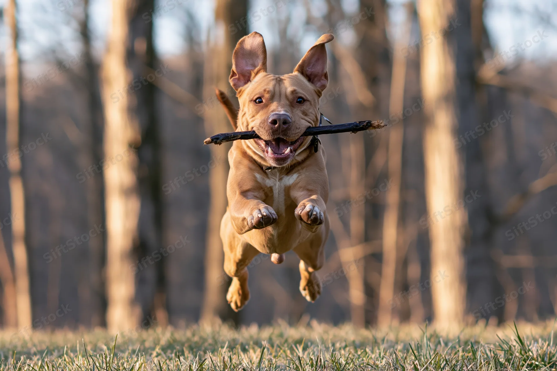 Tan pit bull terrier mid-leap carrying a dark stick in its mouth over grassy field with trees in background