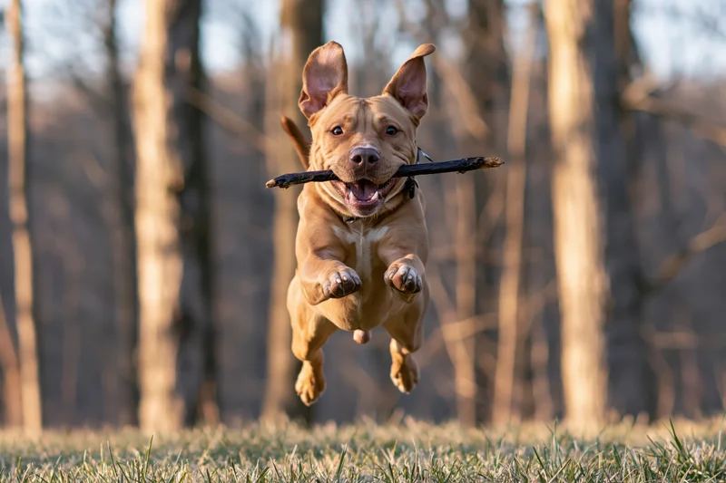Tan pit bull terrier mid-leap carrying a dark stick in its mouth over grassy field with trees in background