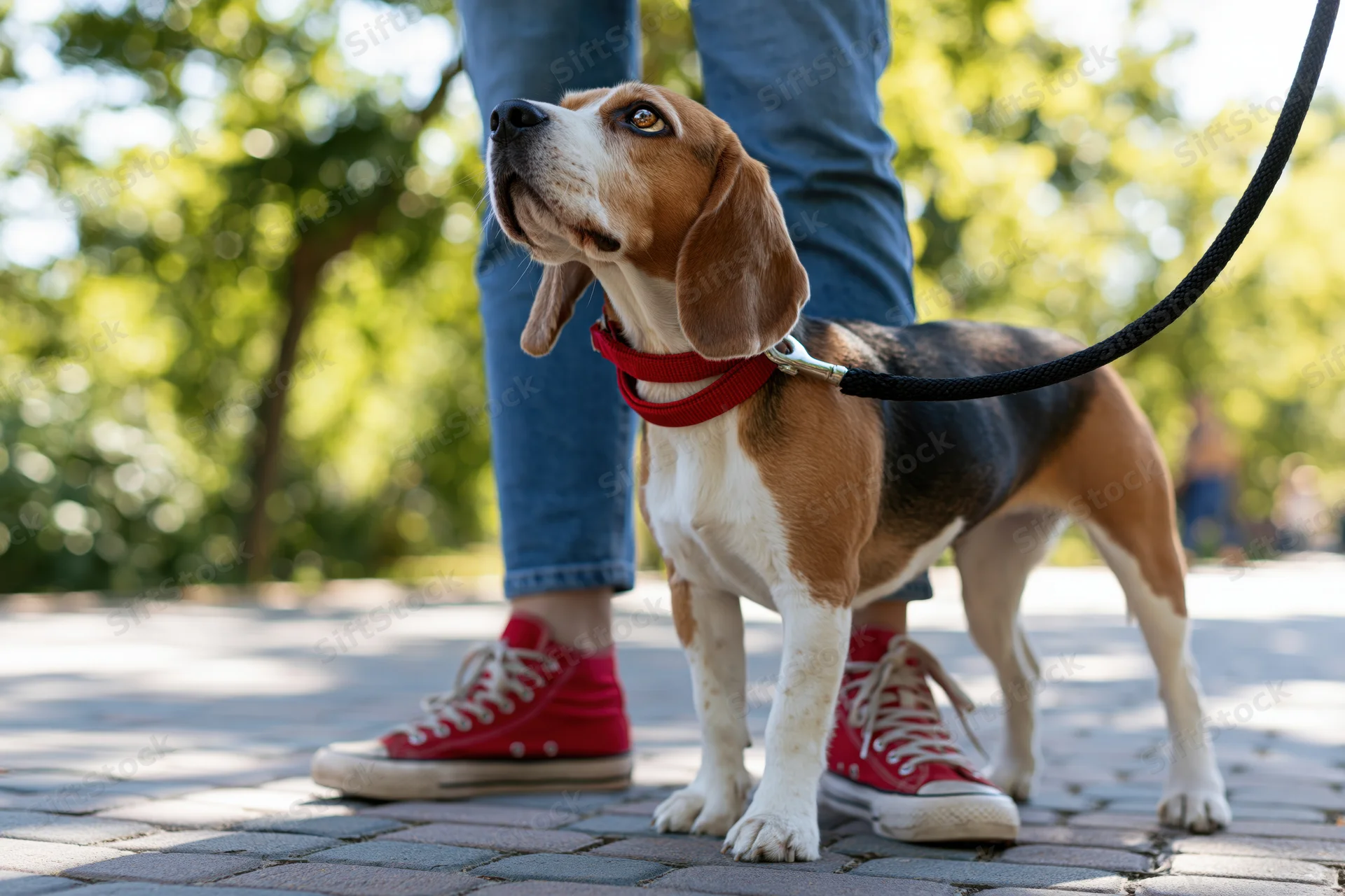 Tricolor beagle standing on pavement looking up at its owner wearing jeans and red sneakers