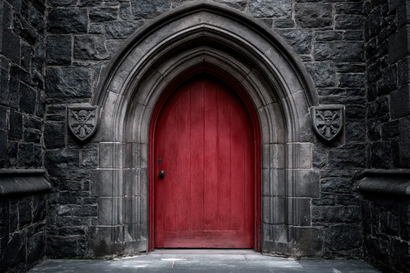 Red arched wooden door set within gothic stone archway of historic building