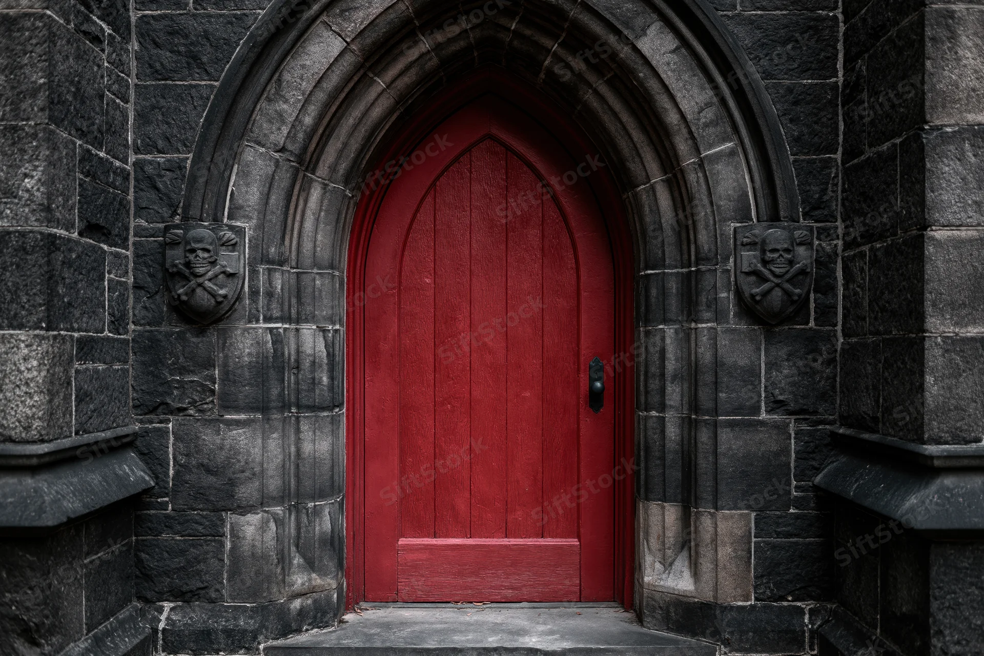 Red arched wooden door set within gothic stone archway with skull and crossbones carvings on either side