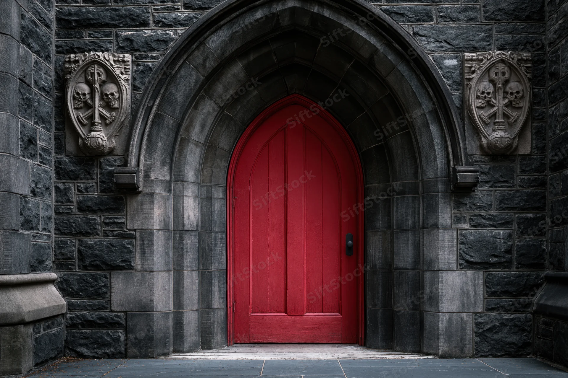 Red arched wooden door set within a gothic stone arch of a historic building
