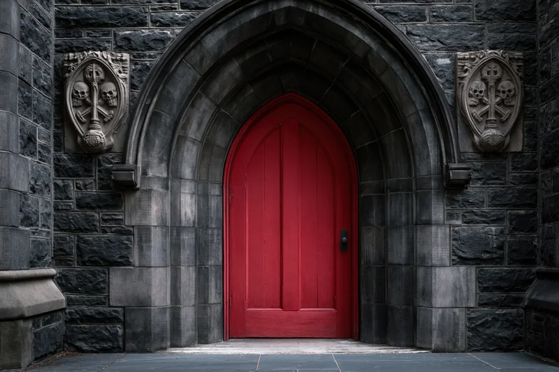 Red arched wooden door set within a gothic stone arch of a historic building
