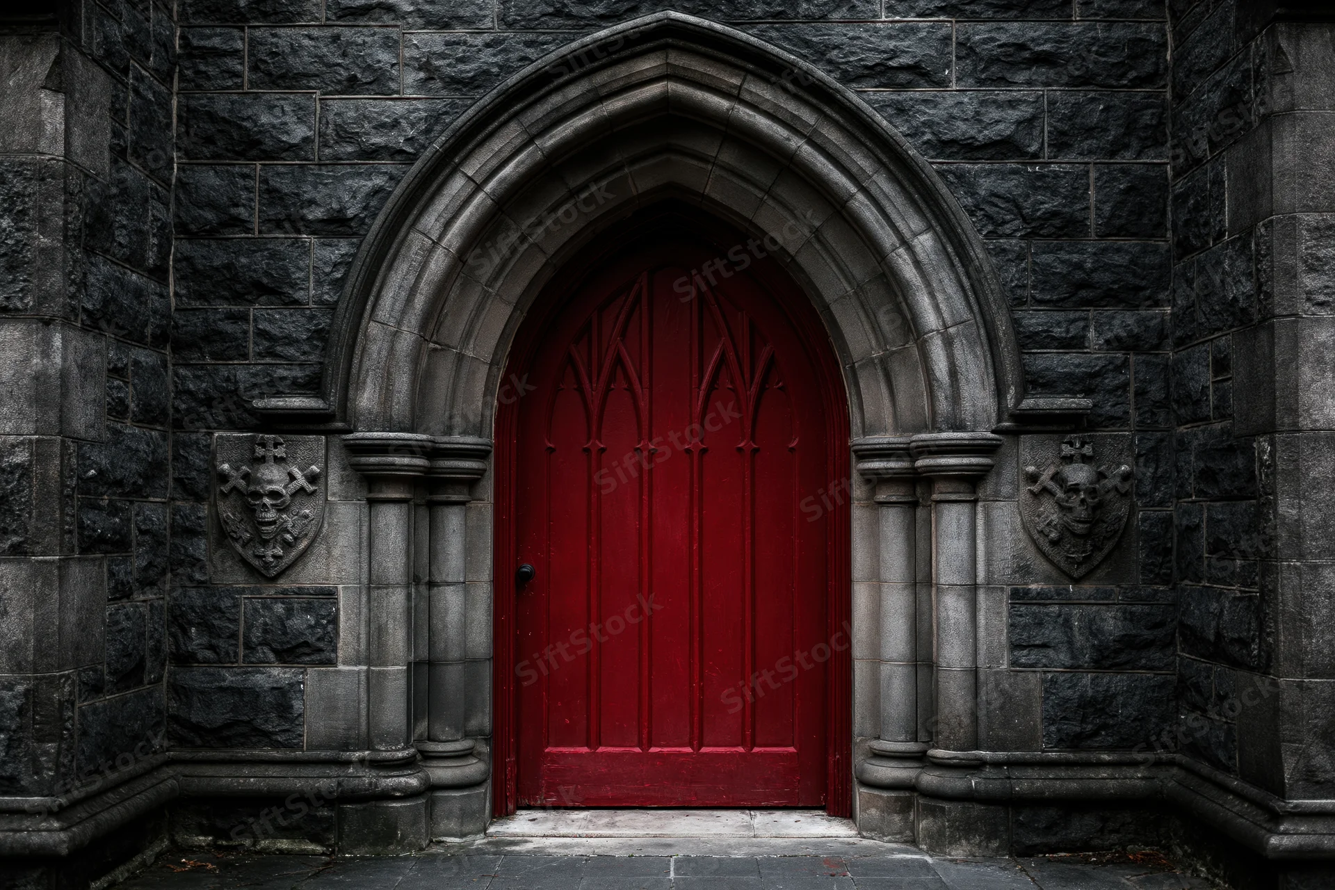 Red arched wooden door set in gothic stone archway of historic building