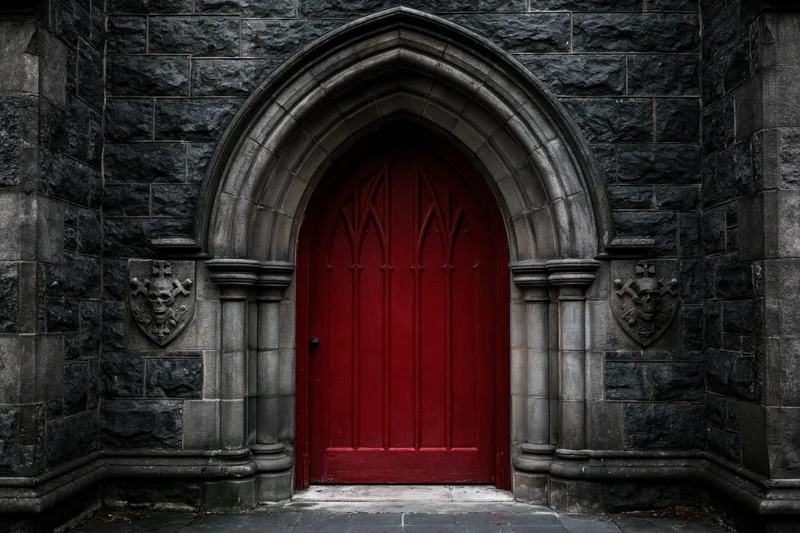 Red arched wooden door set in gothic stone archway of historic building