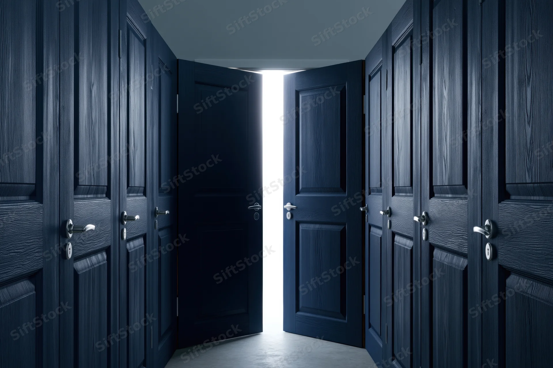 A hallway of identical dark navy-blue paneled doors with one open to bright light