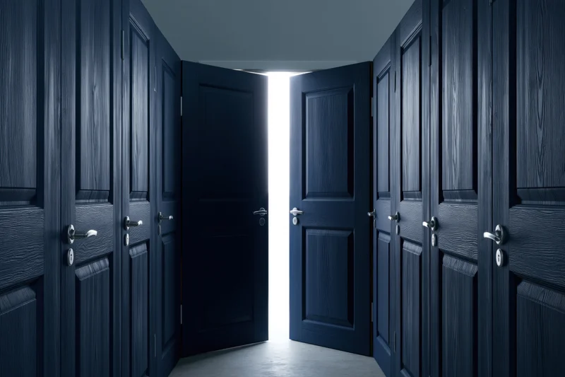 A hallway of identical dark navy-blue paneled doors with one open to bright light