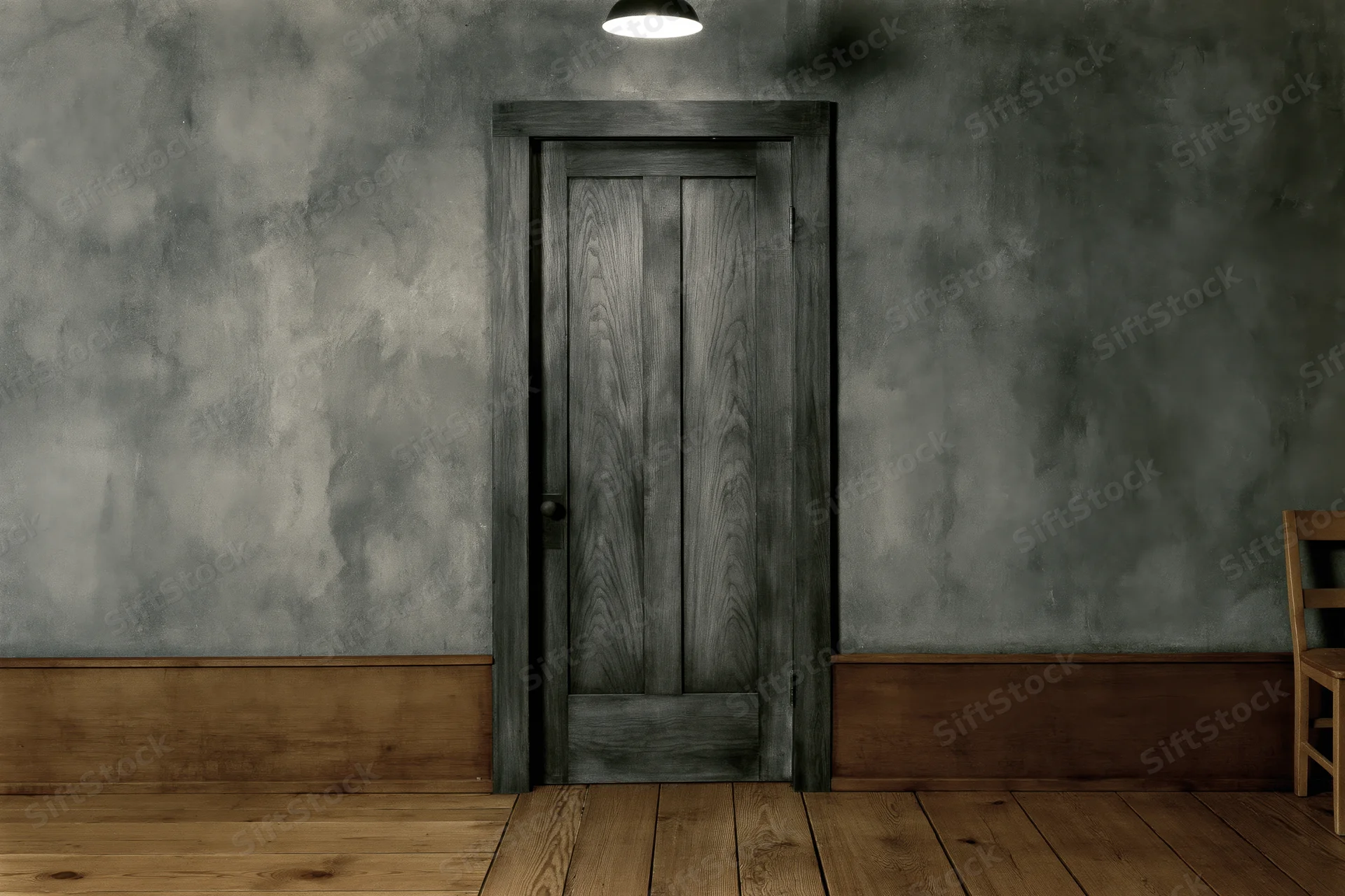 Weathered wooden door centered in a dark textured plaster room with wooden floor and baseboard