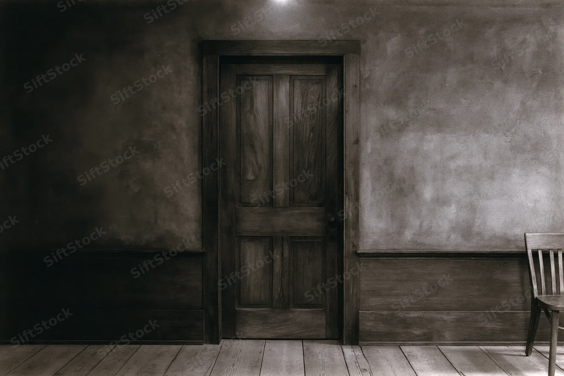 Weathered wooden door centered in a dark textured plaster room with a wooden chair to the side