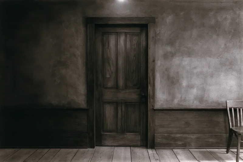 Weathered wooden door centered in a dark textured plaster room with a wooden chair to the side