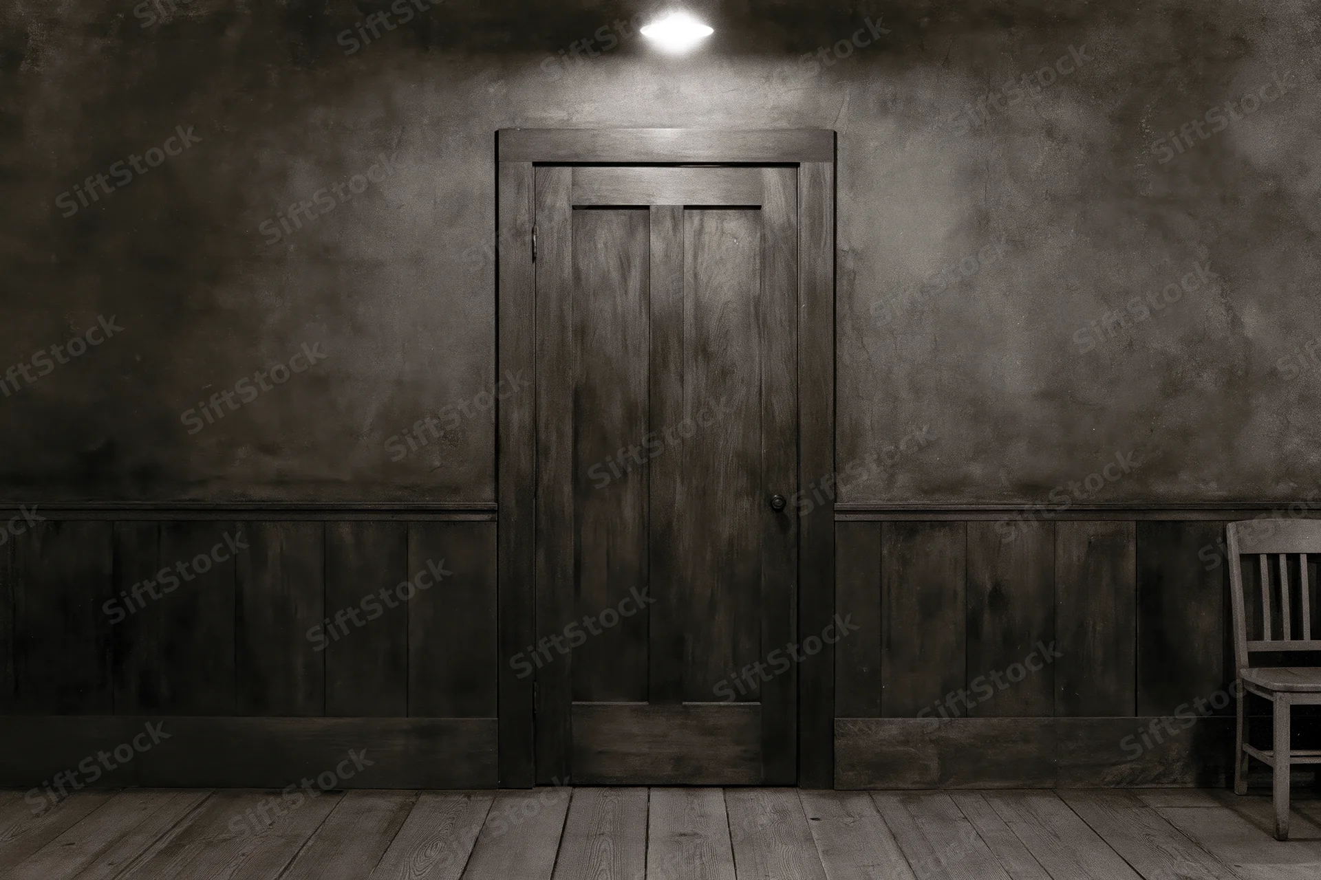 Weathered wooden door centered in dark textured plaster room with spotlight above and chair to side