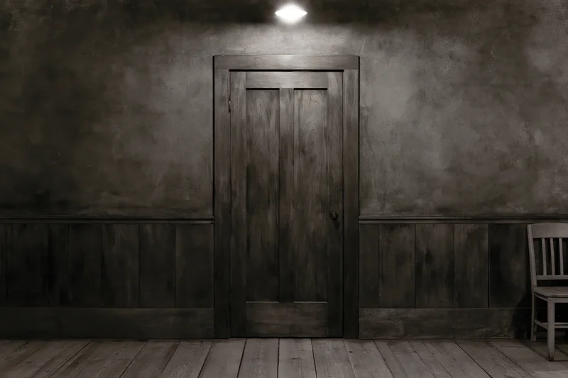 Weathered wooden door centered in dark textured plaster room with spotlight above and chair to side