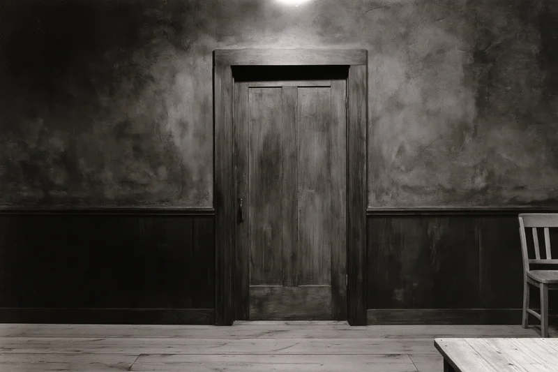 Weathered wooden door centered in dark textured plaster room with chair and table