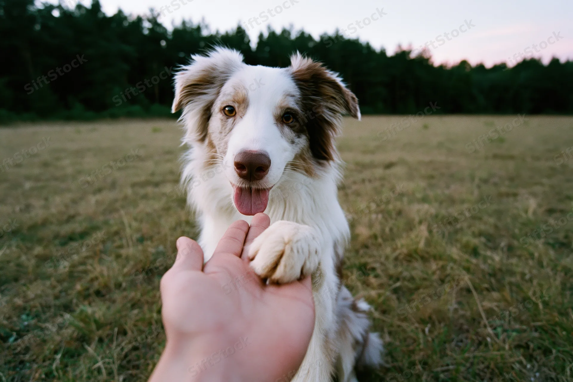 Border collie giving paw to human hand in grassy field at twilight